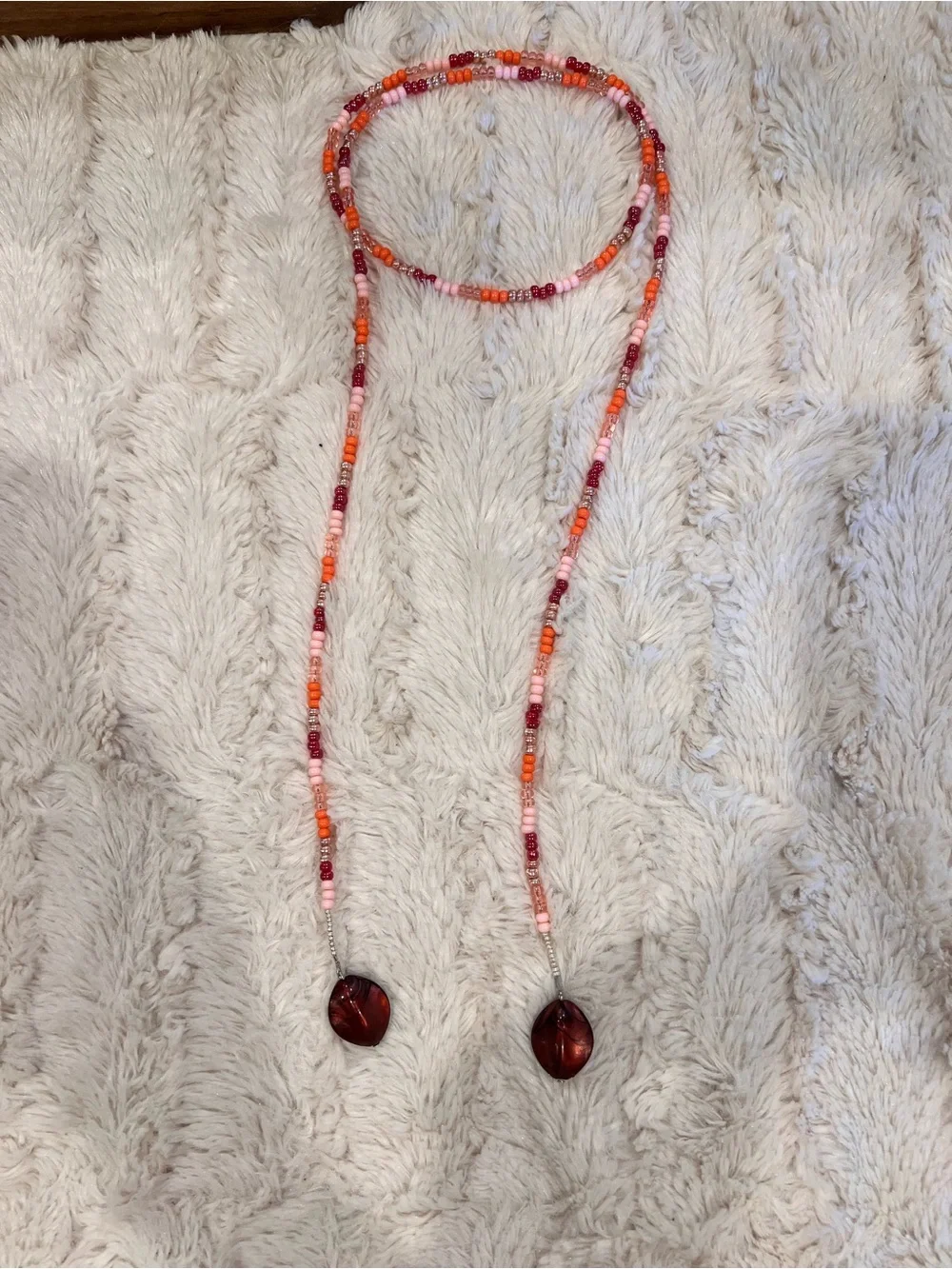 Pink & Orange Beaded handmade Necklace with Amber Drop Pendants